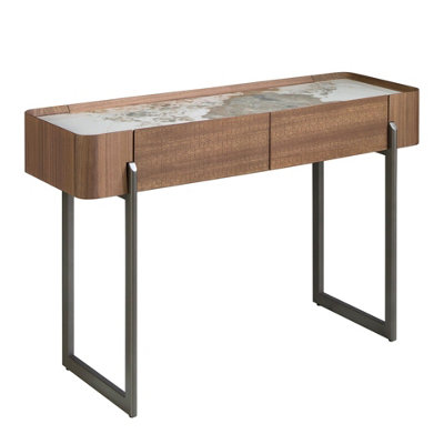 B&Q -  Elegant Rectangular Console Table With Porcelain Marble Top And Walnut Finish