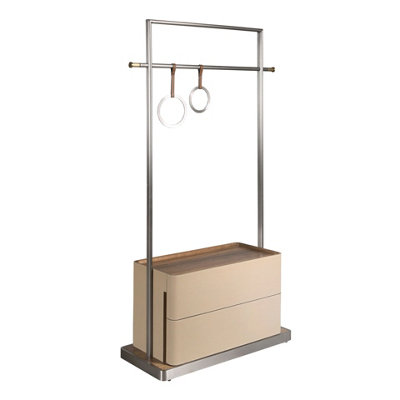 B&Q -  Elegant Mink Leather And Walnut Coat Rack With Stainless Steel Base