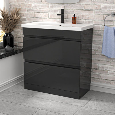 B&Q -  Anthracite 800mm Pvc 2 Drawer Vanity Cabinet & Basin Sink Floorstanding