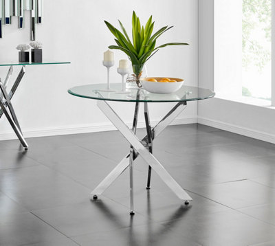 Furniturebox Silver Novara 2 4 Seater Round Glass Dining Table With Chrome Metal Angled Starburst Legs For Modern Dining Room 100Cm