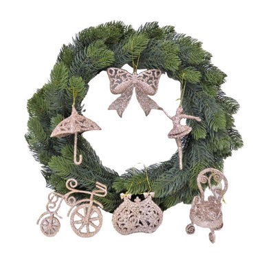 PMS 6 Rose Gold Christmas Tree Decorations Glitter Vintage Bow Bicycle Ballerina from B&Q