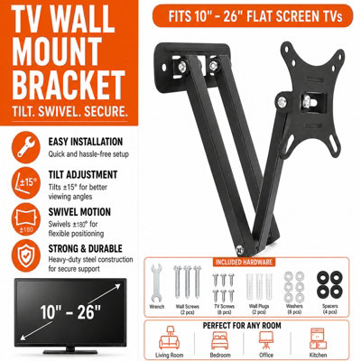 B&Q -  Tv Wall Mount Bracket 10 To 26 InchFull Motion Swivel Tilt Arm For Lcd Led Plasma Monitor & Curved TvsHolds 30Kg Vesa 75 100mm
