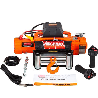 Winchmax 12,000Lb (5,443Kg) Original Orange 12V Electric WinchTwo SpeedSteel RopeTwin Wireless Remote Control from B&Q