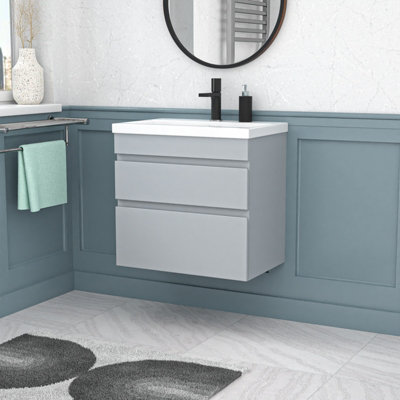 Nes Home Matt Grey 600mm Pvc 2 Drawer Wall Hung Vanity Cabinet & Basin Sink Unit from B&Q
