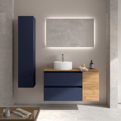 B&Q -  Bequia Plus Vanity Unit 100Cm Matt Blue / Oak Worktop Basin Ceramic Reversible Side 1P
