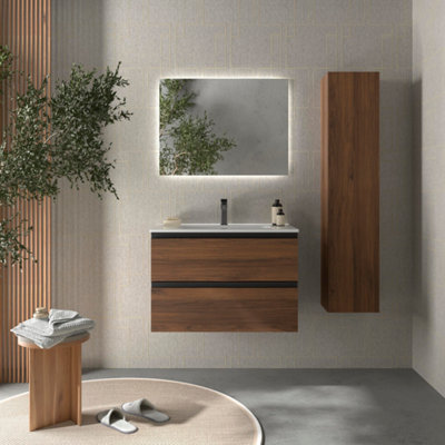 B&Q -  Bequia Metal Vanity Unit 80Cm Walnut Basin Ceramic