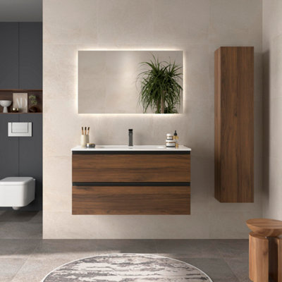 B&Q -  Bequia Metal Vanity Unit 100Cm Walnut Basin Ceramic