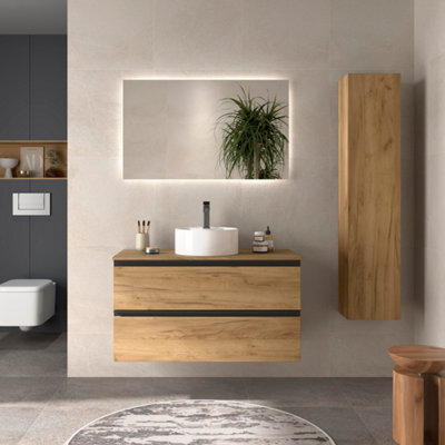 B&Q -  Bequia Metal Vanity Unit 100Cm Oak Worktop Basin Ceramic