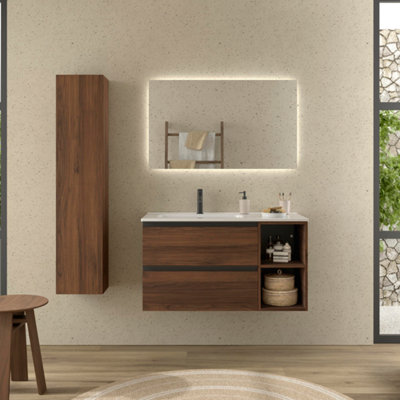 B&Q -  Bequia Plus Metal Vanity Unit 100Cm Walnut Basin Ceramic Left Tap 2H