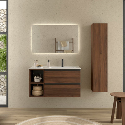 B&Q -  Bequia Plus Metal Vanity Unit 100Cm Walnut Basin Ceramic Right Tap 2H