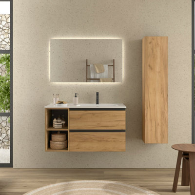 B&Q -  Bequia Plus Metal Vanity Unit 100Cm Oak Basin Ceramic Right Tap 2H