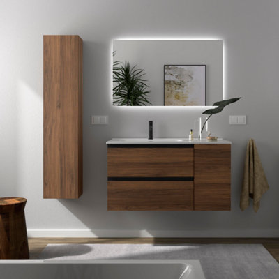 B&Q -  Bequia Plus Metal Vanity Unit 90Cm Walnut Basin Ceramic Left Tap 1P