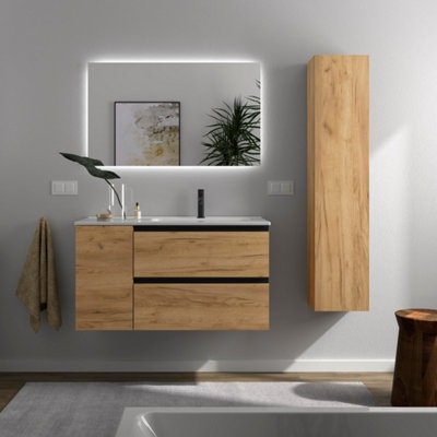 B&Q -  Bequia Plus Metal Vanity Unit 90Cm Oak Basin Ceramic Right Tap 1P