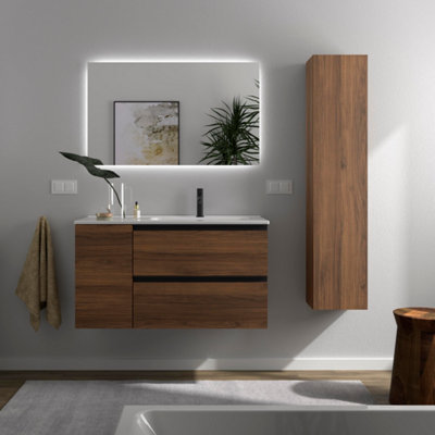 B&Q -  Bequia Plus Metal Vanity Unit 100Cm Walnut Basin Ceramic Right Tap 1P