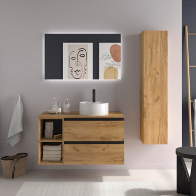B&Q -  Bequia Plus Metal Vanity Unit 100Cm Oak Worktop Basin Ceramic Reversible Side 2H
