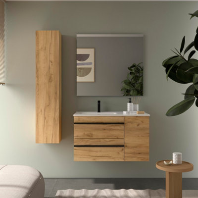 B&Q -  Born Plus Vanity Unit 90Cm Oak Basin Ceramic Left Tap 1P