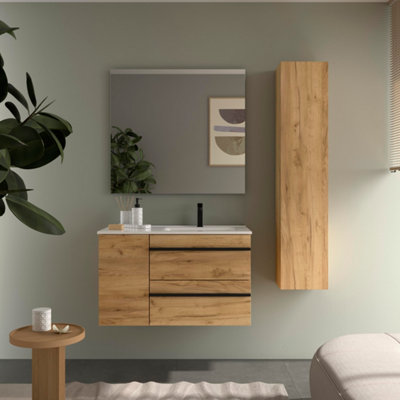 B&Q -  Born Plus Vanity Unit 90Cm Oak Basin Ceramic Right Tap 1P