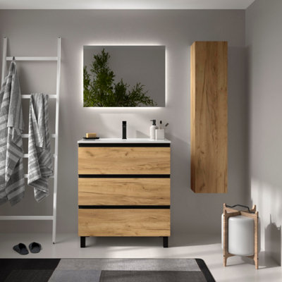 B&Q -  Bequia Metal 3C Vanity Unit 80Cm Oak Basin Ceramic