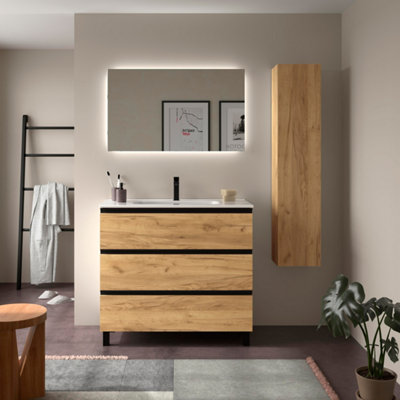 B&Q -  Bequia Metal 3C Vanity Unit 100Cm Oak Basin Ceramic