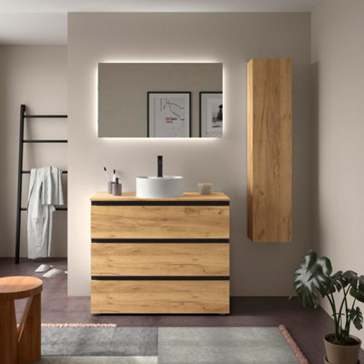 B&Q -  Bequia Metal 3C Vanity Unit 100Cm Oak Worktop Basin Ceramic