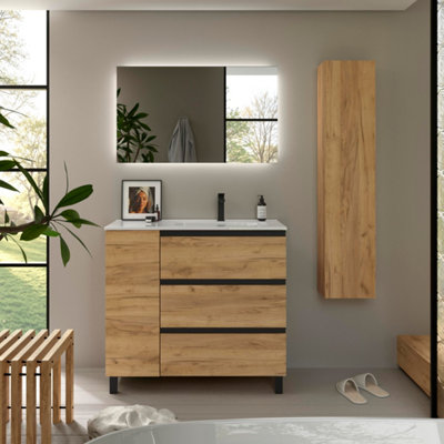 B&Q -  Bequia Plus Metal 3C Vanity Unit 90Cm Oak Basin Ceramic Right Tap 1P