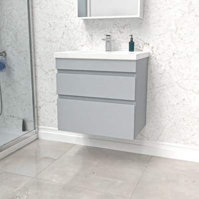 B&Q -  Matt Grey 600mm 2 Drawer Wall Hung Vanity Cabinet & Basin Sink Unit