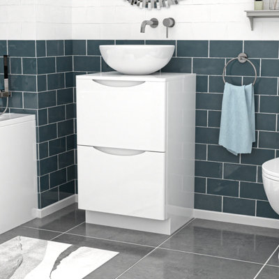 Nes Home White 500mm Freestanding Vanity Unit Round Ceramic Countertop Basin from B&Q