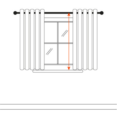 An illustration of windowsill curtains with an arrow stretching from the top of the curtain pole to the top of the windowsill, showing the length of windowsill curtains.