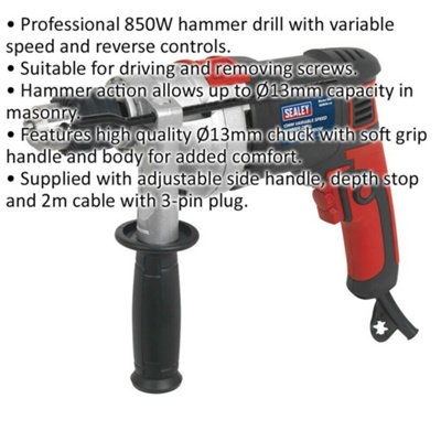 850W Heavy Duty Hammer Drill - 13mm Chuck - Variable Speed - Reverse Controls