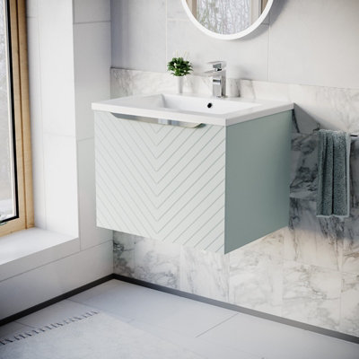 B&Q -  600mm Wall Hung Vanity Double Drawers Matte Green With Basin