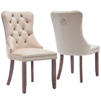 Urban Meuble Set Of 2 Upholstered Velvet Dining Chairs With Brushed Wood Legs Beige
