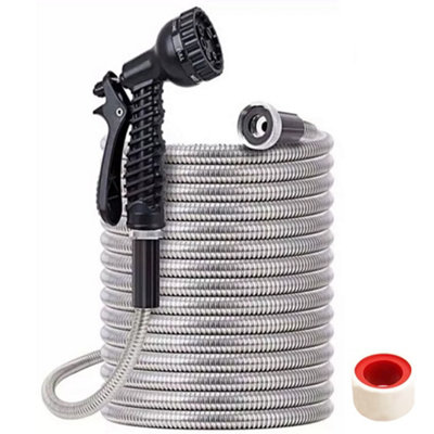 Stainless Steel Garden Hose Pipe Water Rust-Proof Kink-Free With Spray Gun 50Ft from B&Q
