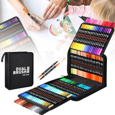120 Colour Dual Tip Brush Pens Fineliners Colouring Watercolour Markers Drawing from B&Q