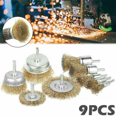 B&Q 9Pcs Brass Coated Wire Cleaning Wheel Cup Brush Drill Attachment Bit Set Tool Uk Size 9 B&Q