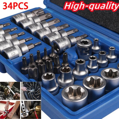 34Pcs Torx Star Socket And Bit Set Male Female E And T Sockets With Torx Bits + Case from B&Q