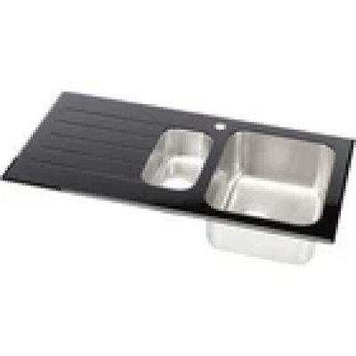 Sinkoro Kitchen Sink 1.5 Bowl Lh Drainer Black Glass Stainless Steel Inset Waste from B&Q