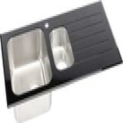 Sinkoro Kitchen Sink 1.5 Bowl Rh Drainer Black Glass Stainless Steel Inset Waste from B&Q