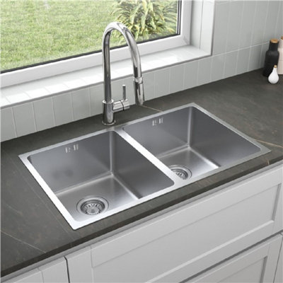 Stainless Steel Kitchen Sink 2 Double Bowl Inset Undermount Strainer Waste 750mm from B&Q