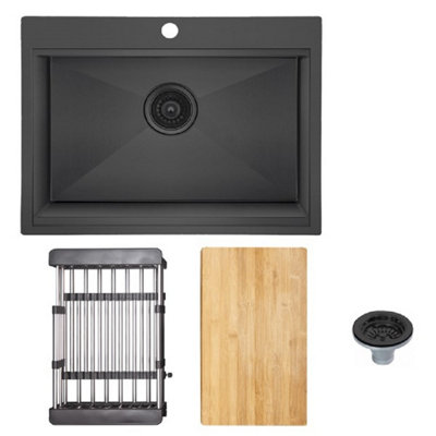 Black Kitchen Sink 1 Bowl Undermount Inset Modern Stainless Steel Drainer Waste from B&Q
