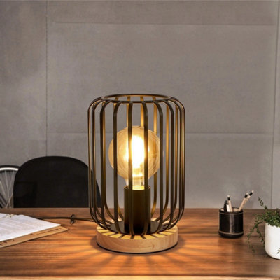 Industrial Metal Table Lamp Cage Led Bedside Desk Lamp Light Bedroom Bar Wooden from B&Q