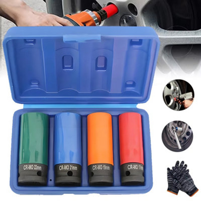 Alloy Wheel Nut Thin Deep Impact Socket Set 1/2" Drive 17mm 19mm 21mm 22mm from B&Q