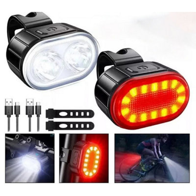 2X Mountain Bike Lights Usb Rechargeable Bicycle Led Torch Front Rear + Lamp Set from B&Q