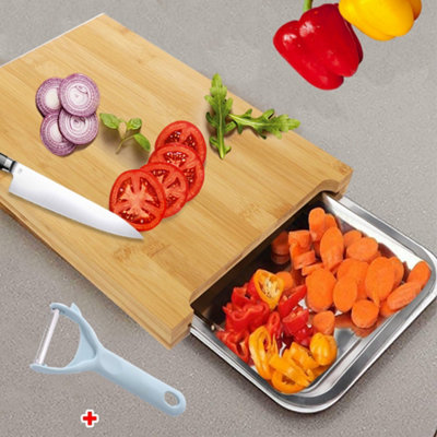 Wooden Bamboo Chopping Board Cutting Slicing With Sliding Stainless Steel Tray from B&Q
