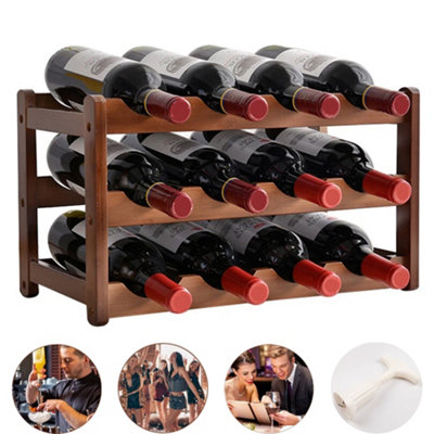 B&Q 3 Tiers 12 Bottles Wooden Wine Bottle Storage Racks Display Wine Shelves Uk