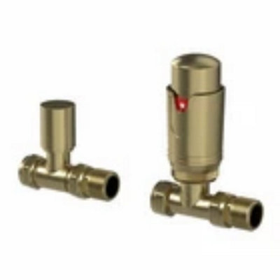  - Bathroom Radiator Valves Brushed Brass Angled Straight Manual Thermostatic 15mm