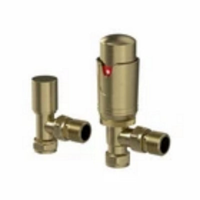  - Bathroom Radiator Valves Brushed Brass Angled Straight Manual Thermostatic 15mm