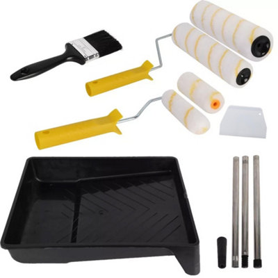 B&Q Set Paint Rollers Extension Pole Tray Brush Roller Sleeves Painting Wall Ceiling