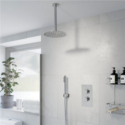 Thermostatic Concealed Round Shower Ceiling Mounted Pencil Handset Shower Head from B&Q