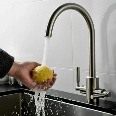  - Modern Mono Kitchen Sink Mixer Tap Twin Lever Brushed Curved Swivel Spout Faucet