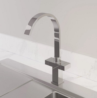  - Modern Mono Kitchen Mixer Tap Square Swivel Spout Twin Controls Chrome Faucet